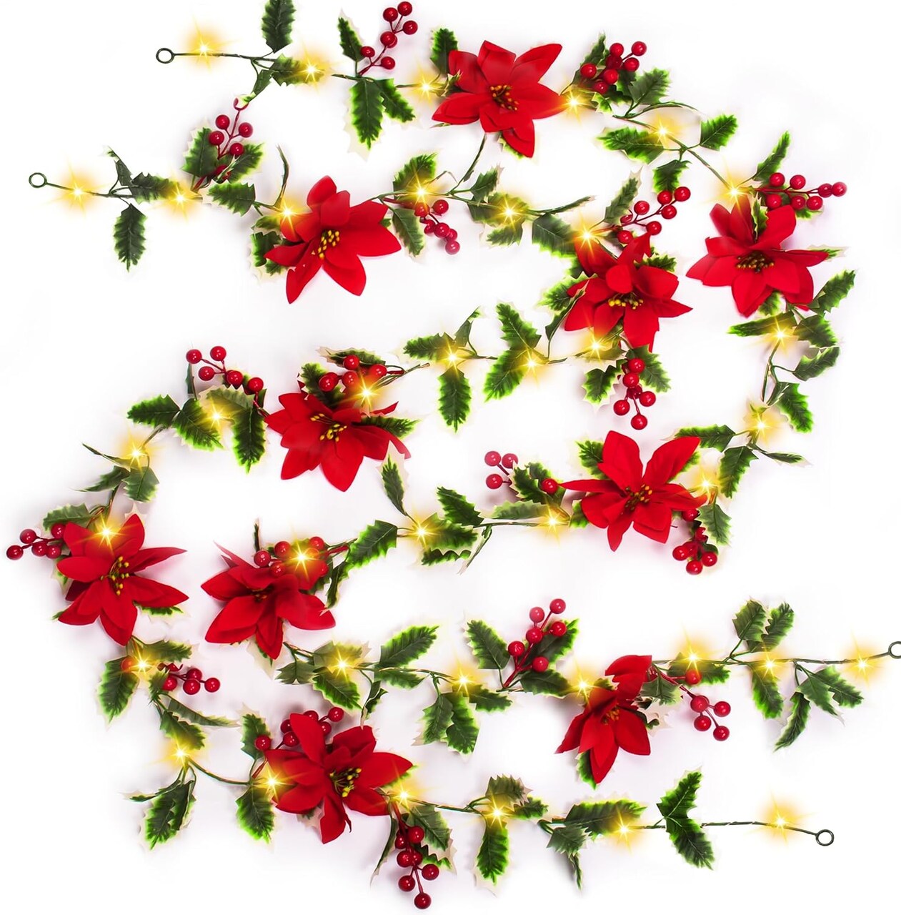 2pcs Christmas Garland with 20 LED Lights-6.5Ft Garland Christmas Decorations Indoor Multiple Mode Poinsettia Holly Per-Lit Christmas Garlands Battery Operated Garland for Mantel Stair Fireplace